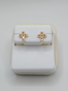 NWT 10K Yellow Gold Baguette CZ Cross Stud Earrings Dainty Religious Jewelry